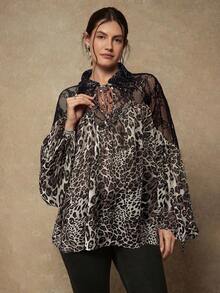 Freevana Plus Size Elegant Lace Patchwork Leopard Print Lantern Sleeve Blouse