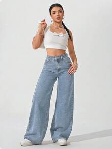 SHEIN ICON Jeans rectos de talle alto con lavado vintage para mujer de talla grande - Lavado ligero - Ver 5