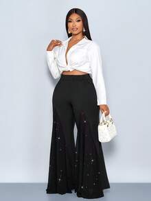 SOLERSUN 女士时尚优雅拼接闪亮雪纺开衩下摆黑色阔腿裤，适合工作、办公室穿着 - 黑色 - 查看 5