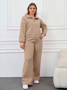 SHEIN Cottnline 100%Cotton Plus Half Zip Drop Shoulder Sweatshirt & Sweatpants - Beige - View 4