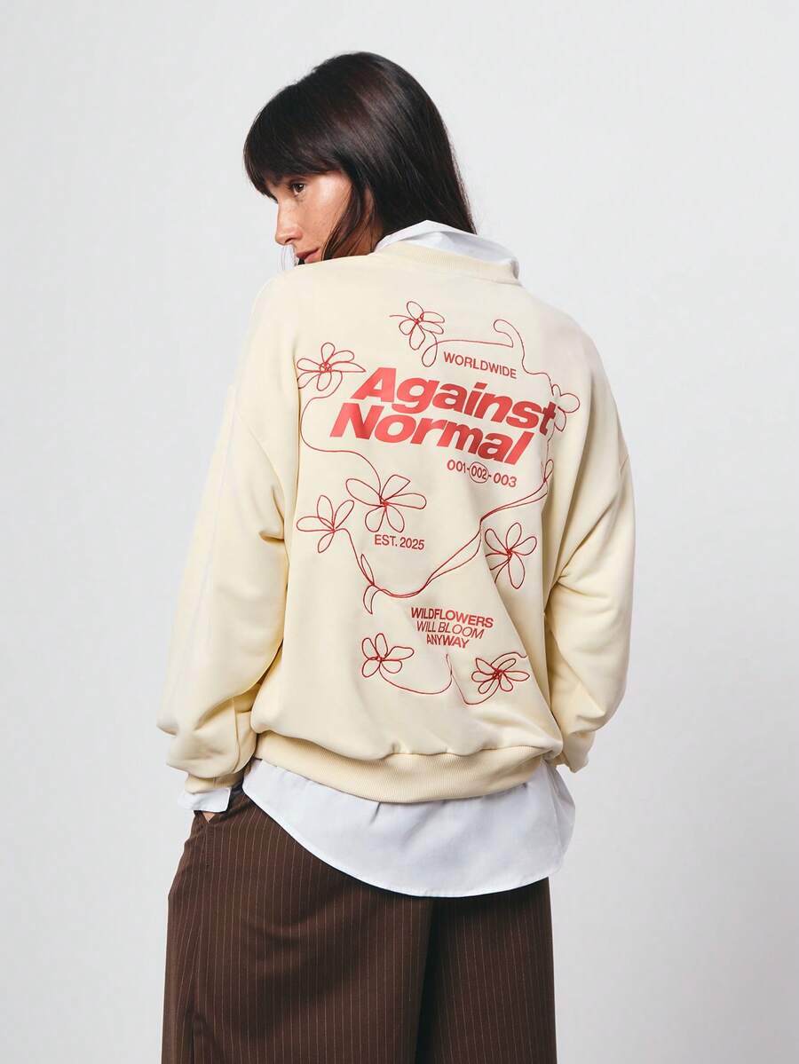 SURIMA Casual Women's Beige Round Neck Pullover With Red Letter And Flower Pattern - Beige - View 1