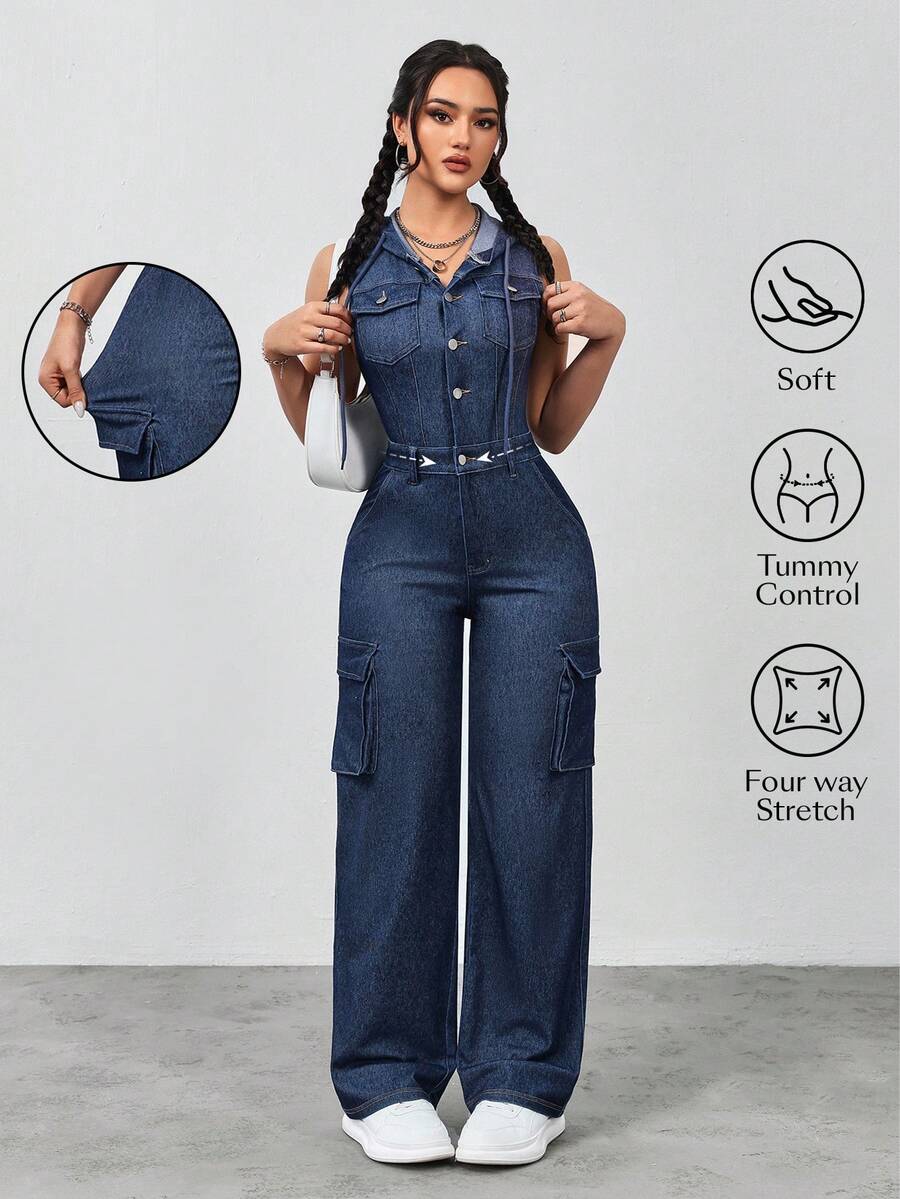 Flexra 女士时尚通勤无袖连帽牛仔连体裤 - 卡其色 - 查看 1