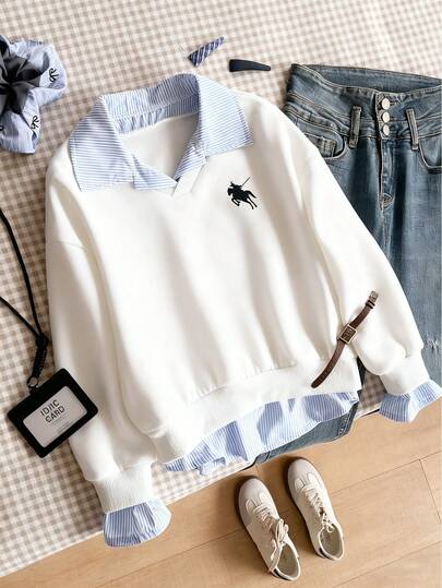 Tween Girls Sweatshirt, Fashion Casual Versatile, Gray & Blue Striped Collar, Cuffs And Hem, Horse Logo Print On Chest, Suitable For Autumn/Winter Outings, Shopping, Commuting, Can Be Paired With Jeans, Sweatpants, Jackets