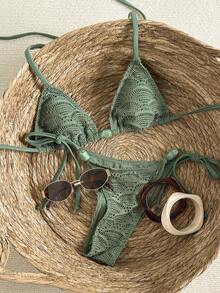 Swim Vcay Women's Jacquard Fabric Beaded Halter Bikini Set, Spring/Summer - Army Green - View 1