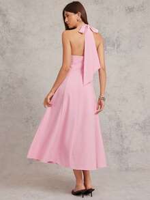 L'Amorae Vestido midi de verano casual con cuello halter, abotonado y ajustado en la cintura para cumpleaños - Rosa - Ver 2