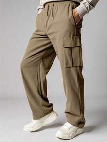 Manfinity Dauomo Men's Drawstring Waist Loose Fit Corduroy Casual Cargo Pants, For Winter - Mocha Brown - View 3