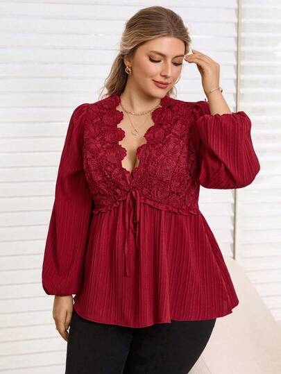 Rosumi Plus Size Solid Color Lace Patchwork Deep V-Neck Long Sleeve Blouse Winter For Women Christmas For Women New Year Elegant Party Blouse Burgundy Blouse Red Top Valentine's Day, Mother , Comfortable And Casual Beach Wine Red Top Red Blouse