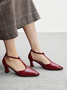 CUCCOO BIZCHIC Women's Pointed Toe Buckle Design Everyday Versatile Fashion High Heel Sandals For Christmas - Burgundy - View 5