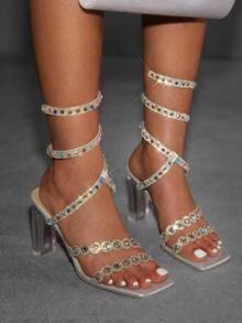 CUCCOO SZL Damen Strass-Dekor Quadratische Zehenkappe Modische Luxuriöse Elegante High Heel Sandalen - Silber - Übersicht 2