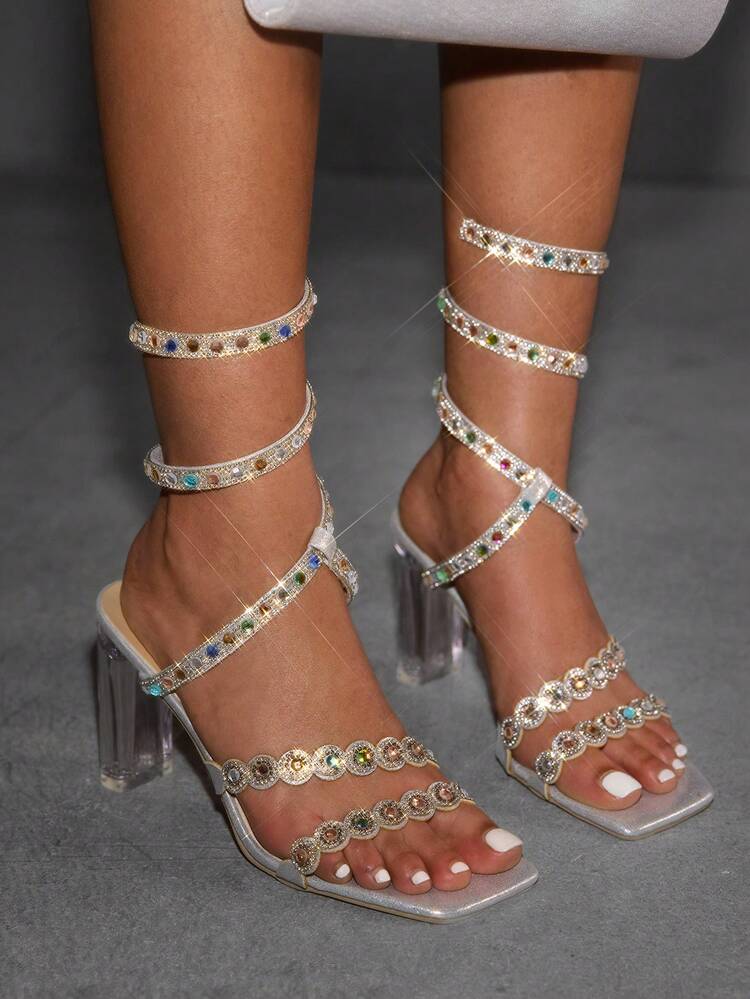 CUCCOO SZL Women's Rhinestone Decor Square Toe Fashionable Luxurious Elegant High Heel Sandals For Christmas