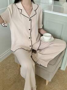 SHEIN 少女雪纺荷叶边领泡泡袖睡衣，休闲家居服 - 杏色 - 查看 5