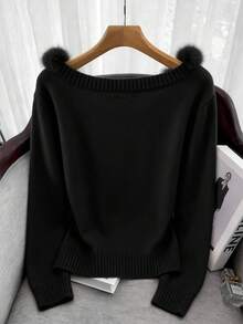 GlowEve CURVE Plus Size Casual Solid Color Long Sleeve Knit Sweater Top - Black - View 2