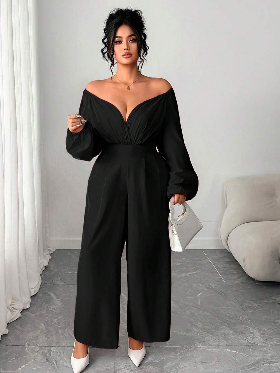 Elenzga Plus Size Red Christmas Elegant Jumpsuit, 2025 New Style, Off Shoulder Criss-Cross Wrap Collar Straight Leg Jumpsuit, Suitable For Back To School, Graduation, Holidays, Valentine's Day, Music Festivals, Mother's Day, Halloween, Thanksgiving, Easter, National Day, Galas, Dates, Parties, Weddings, Outdoor Activities