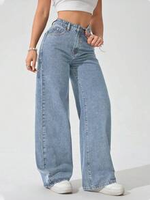 SHEIN ICON Jeans rectos de talle alto con lavado vintage para mujer de talla grande - Lavado ligero - Ver 3
