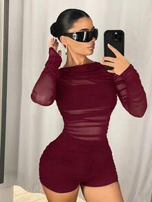 SHEIN ICON 网眼褶皱拼接长袖连体衣 - 酒紅色 - 查看 3