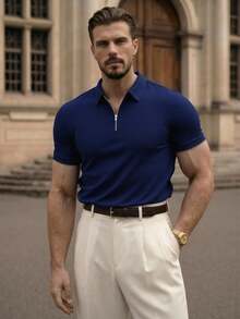 Manfinity VCAY 男士纯色四分之一拉链 Polo 衫，适合高尔夫运动