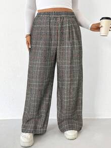 SHEIN Essnce Calça Pantalona Retrô Marrom Xadrez Quente de Cintura Elástica Larga para Mulheres Plus Size, Casual e Confortável para o Dia a Dia, Roupas de Inverno Femininas - Multicolorido - Visão 5