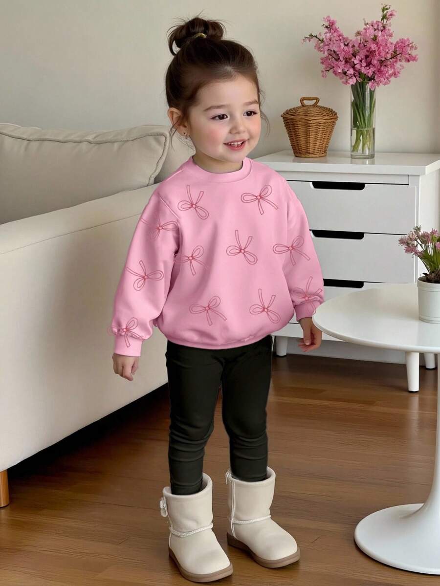 Playful Pals 2 件套甜美女童可爱简约蝴蝶结图案针织柔软圆领长袖运动衫和紧身裤套装，适合秋冬季，舒适休闲，秋季分层穿着之选，时尚装扮，适合返校、户外、摄影、居家、校园、节日、礼物 - 彩色 - 查看 1