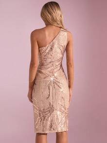 SHEIN Glamour 女士亮片装饰不对称露肩短裙 - 香檳色 - 查看 2