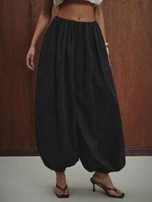 Hauture Women's Solid Color Pleated Casual Versatile Wide Leg Harem Pants - Black - View 2