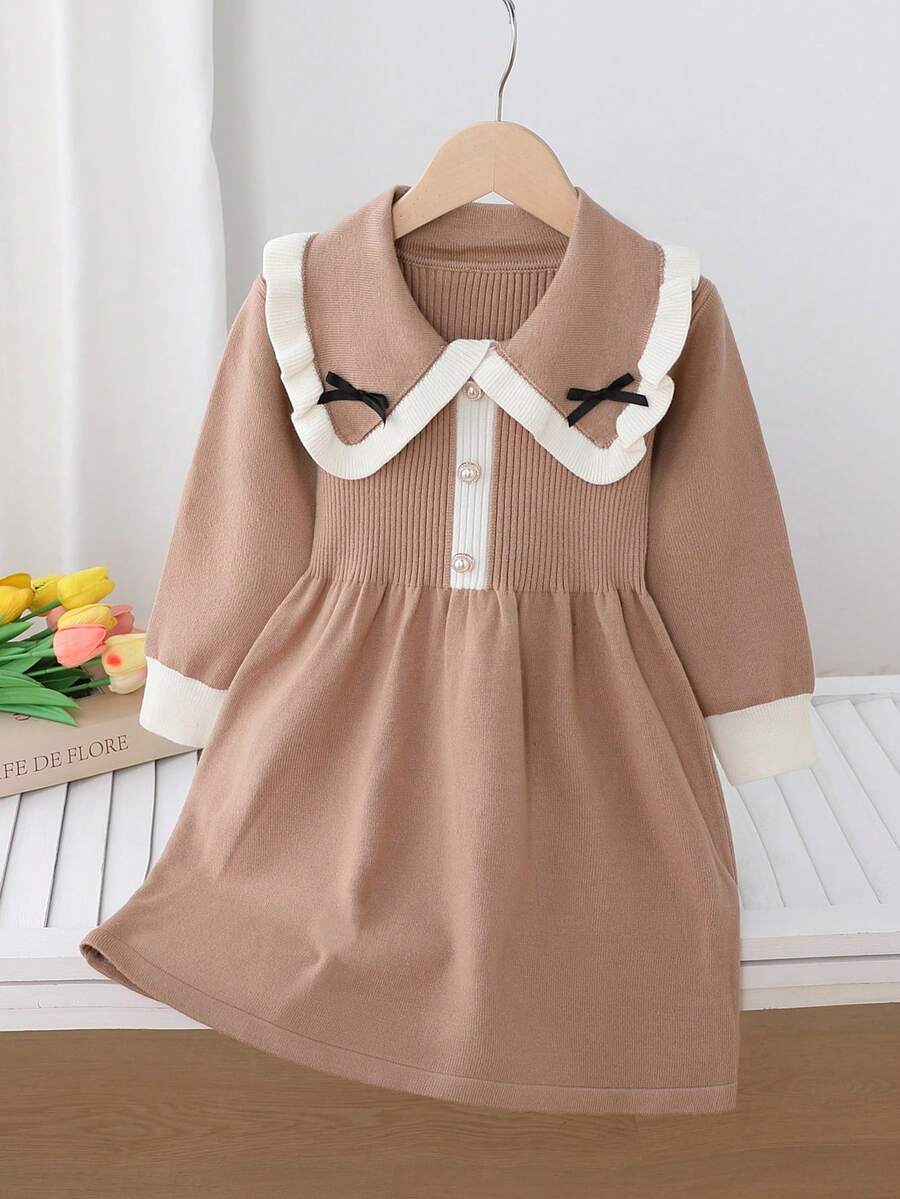 Souflis Souflis Girls' Collared Sweater Dress,Bow Decor Long Sleeve Knit Dress,White Peter Pan Collar School Girl Academic Style,Back-To-School Toddler Autumn Dress - Khaki - View 1