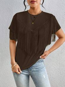 Gaivellea Kaos Lengan Pendek Wanita Gaya Liburan Kasual Warna Polos dengan Rumbai, Musim Panas - Chocolate Brown - View 3