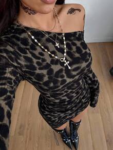 Coolane Women's Winter New Year Eve Date Night Concert Outfit Y2K Party Rib Knit Graphics Leopard Ruched Asymmetrical Neck Slim Fit Mini Dress For Elegant - Apricot - View 5