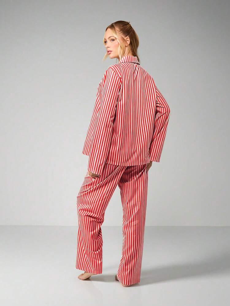 MISSGUIDED Pajama Set Long Sleeve Button Front Bow Detail Striped Lounge Wear Sleepwear Nightwear Christmas Holiday