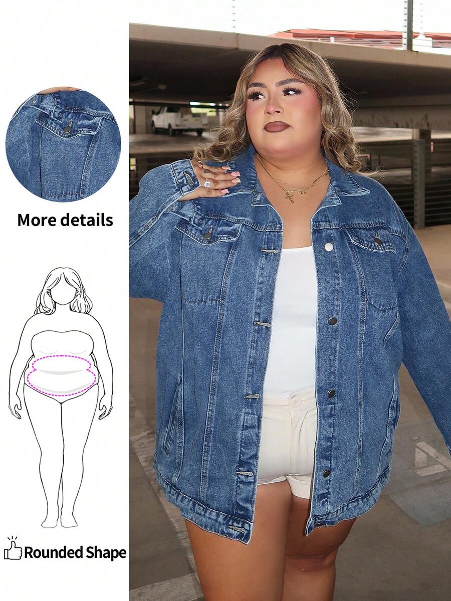 Enliva Veste en jean minimaliste décontractée à manches longues avec boutons devant et poches, grande taille - Jean brut - Voir 1