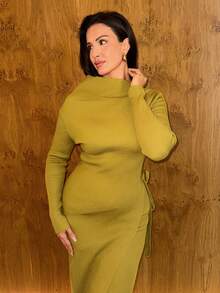 MDEdit 侧系带针织长裙优雅春假可爱性感90年代节日毕业婚礼宾客秋季夜生活秋冬日常圣诞节 - 橄欖綠 - 查看 6