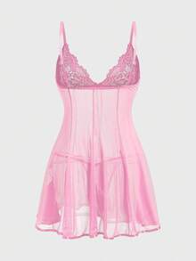 ROMWE J-Fashion Y2K Avantgarde Spitze Mesh Patchwork Schleife Sexy transparentes Kleid Set - Altrosa - Übersicht 2