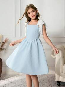 少女优雅别致奢华蓝色提花性感吊带可爱白色蝴蝶结可拆卸腰部荷叶边华丽连衣裙 - 藍色 - 查看 6