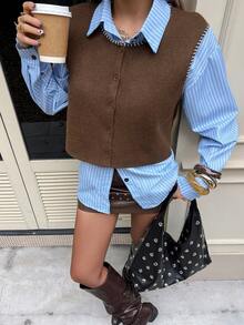 Siren Gaze 女士休闲纯色短款针织背心，春季新款，时尚 - 棕色 - 查看 6