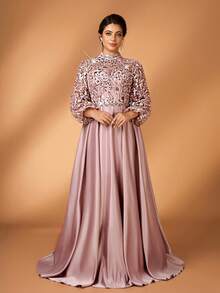 Serin Elegantes romantisches rosa transparentes Maxikleid mit langen Ärmeln, hohem Kragen, luxuriöser bestickter Patchwork-Satin-Plissee-Pailletten-Dekoration in A-Linie für Braut und Brautmutter (stark verziertes Design) - Pink - Übersicht 8