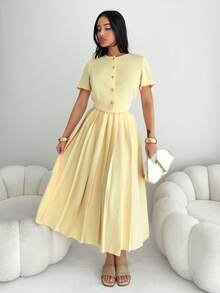 Shopreo 2件套女士夏季黄色优雅开衫短袖套装 - 黃色 - 查看 3