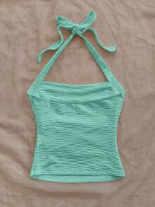 Soleia Camiseta de punto blanca con textura y ajuste ceñido con escote halter para vacaciones de mujer - verde menta - Ver 2