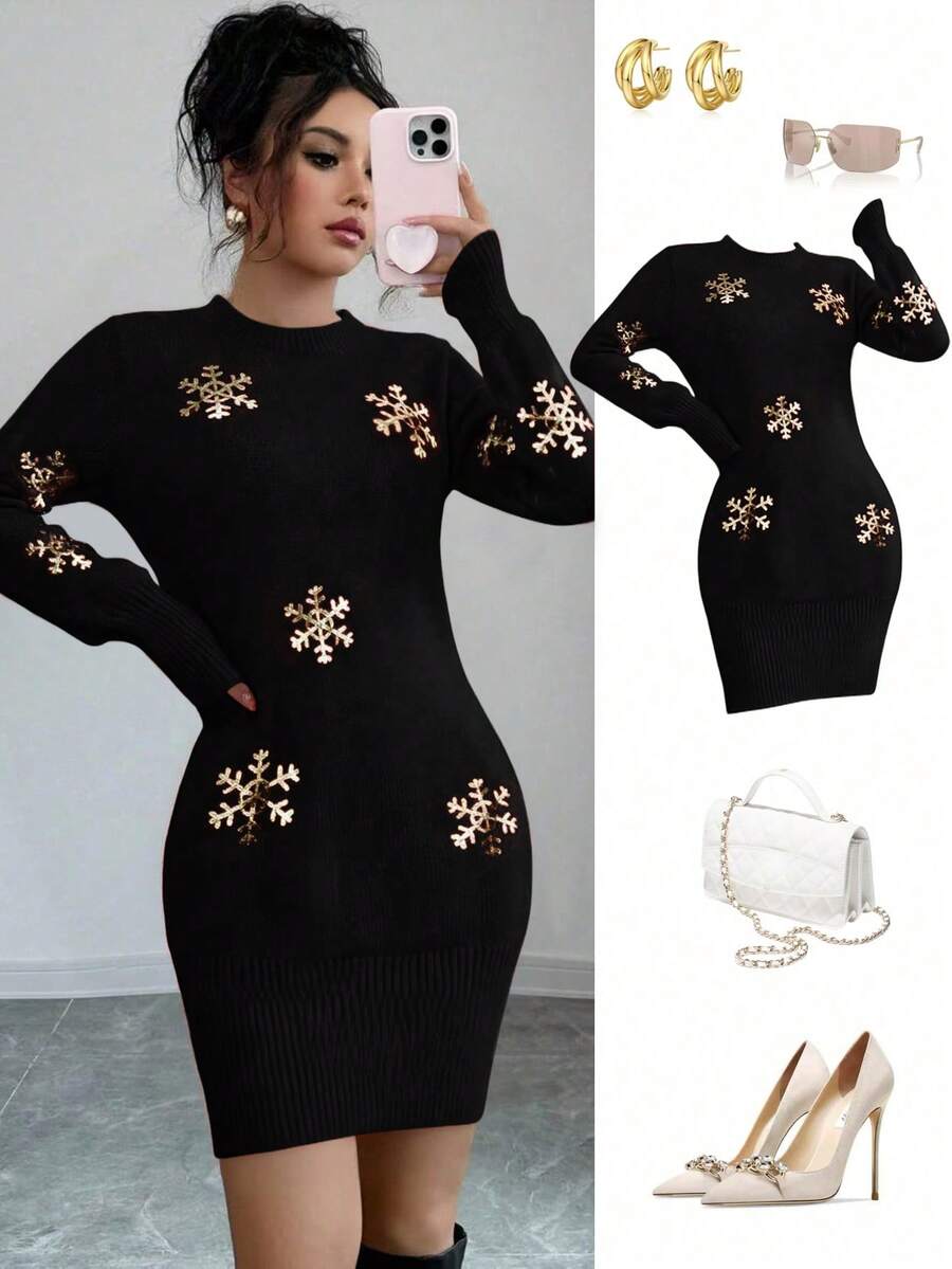 Franclia Gaun Sweater Rajut Lengan Panjang Pas Badan dengan Motif Kepingan Salju Berhiaskan Payet Emas Mewah, Gaya Serupa, Gaya Blogger Baru Eropa & Amerika. - Hitam - View 1