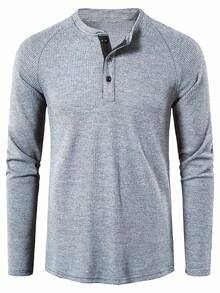 Manfinity Homme Men Plain Casual Button Front Raglan Long Sleeve Tee, For Going Out, For Husband, Henley Top, Fall