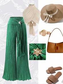 SHEIN Clasi Plus Size Women's Minimalist Fashion Green Pleated Gold Decor Button Long Pants - Green - View 6