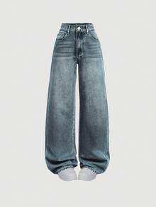 SHEIN 少女口袋宽腿宽松休闲百搭牛仔裤