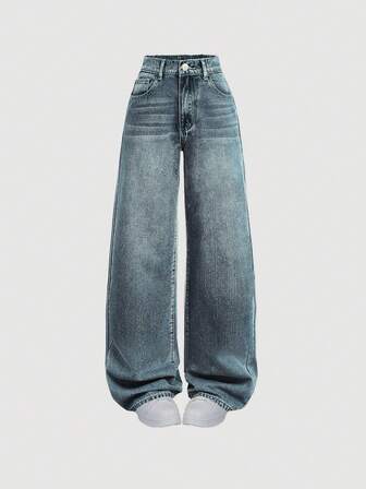 SHEIN Teen Girl Pocketed Wide Leg Loose Casual Versatile Jeans