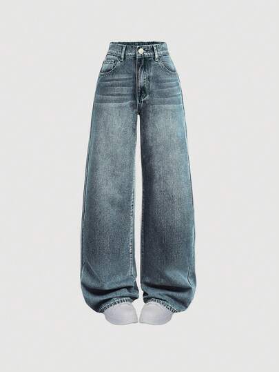 SHEIN 少女口袋宽腿宽松休闲百搭牛仔裤