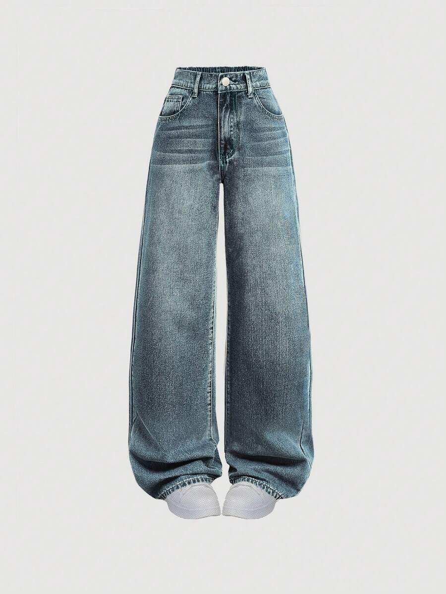 SHEIN 少女口袋宽腿宽松休闲百搭牛仔裤