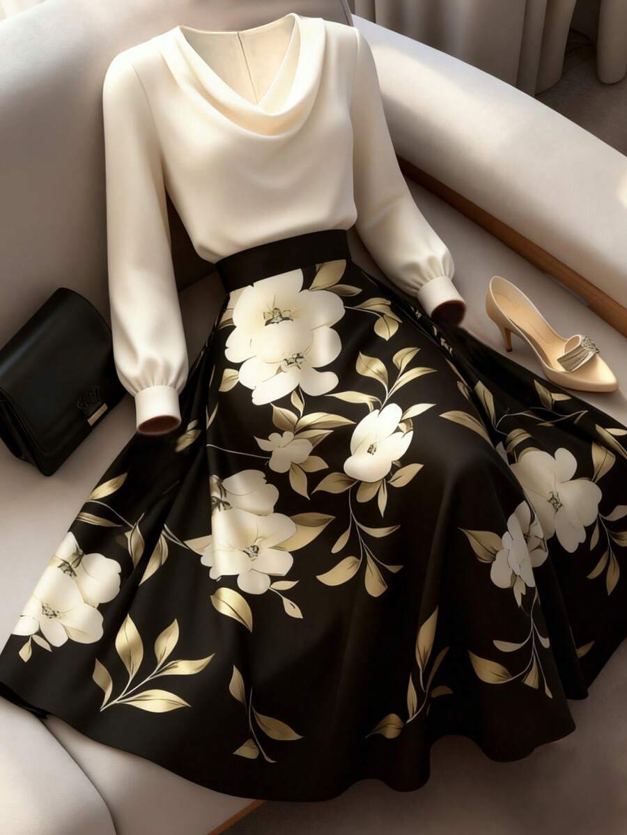 GlowEve CURVE Vestido elegante con cuello en pico, estampado floral y parches para mujer de talla grande - Albaricoque - Ver 1