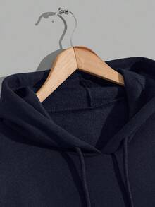 Plus Size 100% Cotton Men's Smile Embroidered Fitted Hoodie - Navy Blue - View 5