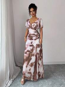 Elenzga Printed Random Cut V-Neck Ruffle Sleeve Cinched Waist Ruched Slit Dress, Elegant Bridesmaid Wedding Party Cocktail Holiday Gown