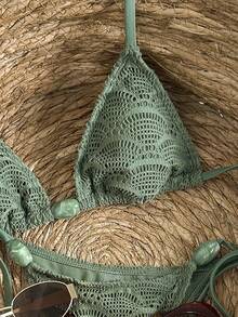 Swim Vcay Women's Jacquard Fabric Beaded Halter Bikini Set, Spring/Summer - Army Green - View 3