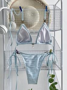 Swim Mod 女士夏季新款沙滩度假两件式泳衣，甜美清新纯色条纹纹理面料，搭配精致金属和珍珠装饰，性感吊带露背系带比基尼套装 - 藍色 - 查看 2