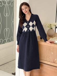DAZY 女士优雅撞色V领毛衣连衣裙，秋冬款 - 藏蓝色 - 查看 1