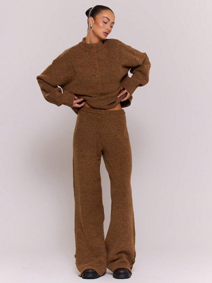 MUSERA 阔腿纽扣细节针织套装裤，冬季外出日常夜游休闲酷炫街头风水洗时尚运动裤 - 摩卡棕 - 查看 1